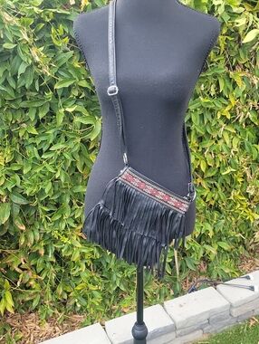 Black Fringe Crossbody Bag with Red and White Accents